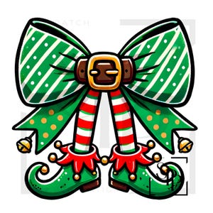 May include: A green and white striped bow with a brown belt and red and white striped legs. The bow is attached to elf shoes with green pointy toes and gold bells.