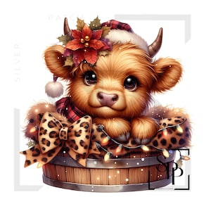 UV DTF Boże Narodzenie Baby Highland Cow Leopard Bow Print Gotowy do nałożenia naklejki samoprzylepnej na kubki Etui na telefon Okulary Samochody