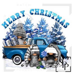 UV DTF vrolijk kerstfeest blauwe pick-up truck met kabouterprint klaar om aan te brengen permanente sticker bekers telefoon bril auto's