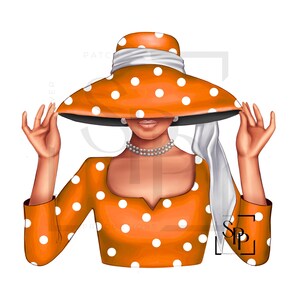 UV-DTF Prachtige vorstelijke dame met oranje en witte stippen, klaar om aan te brengen permanent zelfklevende sticker bekers telefoonglazen auto's tijdschriften bekers