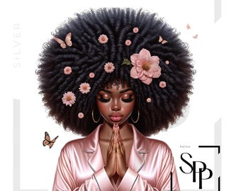 UV DTF Black Woman Curly Fro In Pink Praying Print Ready to Apply Permanent Adhesive Sticker Cups Phone Cases Glasses Cars