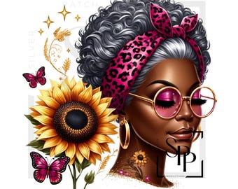 Sublimation Transfer Mature Black Woman Head Wrap Sunflower Ready to Apply Cup Mug Tumblers Shirts