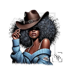 UV-DTF Mooie zwarte cowgirl blauwe off-shoulder trui klaar om aan te brengen permanent zelfklevende sticker bekers telefoon bril auto's tijdschriften