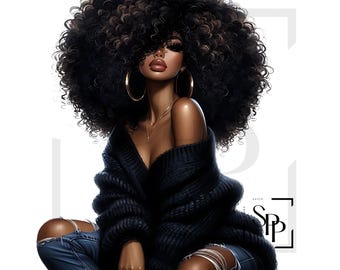UV DTF Beautiful Black Woman Curly Hair Black Off Shoulder Sweater Print Ready to Apply Permanent Adhesive Sticker Cups Phone  Glasses Cars