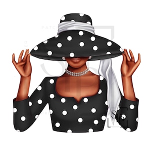 UV-DTF Mooie zwarte vrouw zwarte en witte polkadot dame klaar om aan te brengen permanent zelfklevende sticker bekers telefoon bril auto's tijdschriften bekers