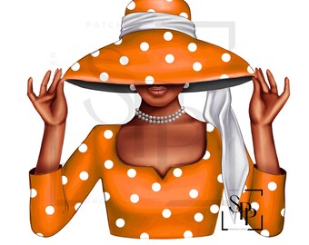 UV DTF Schöne schwarze Frau Orange Weiß Polka Dot Lady bereit, permanent klebender Aufkleber Tassen Telefon Gläser Autos Zeitschriften Becher anzuwenden