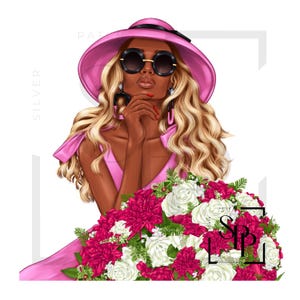 UV-DTF Mooie gebruinde latina blanke vrouw in roze met bloemenprint klaar om aan te brengen permanente zelfklevende sticker bekers telefoon bril auto's