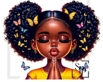 UV DTF Beautiful Black Young Girl Praying With Butterflies Print Ready to Apply Permanent Adhesive Sticker Cups Phone  Glasses Cars