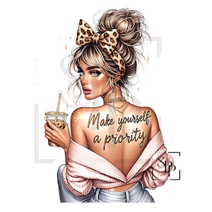 UV-DTF Latina Wit Mooie vrouw Maak van jezelf een prioriteit Print klaar om aan te brengen Permanente zelfklevende sticker Cups Telefoonhoesjes Brillen Auto's
