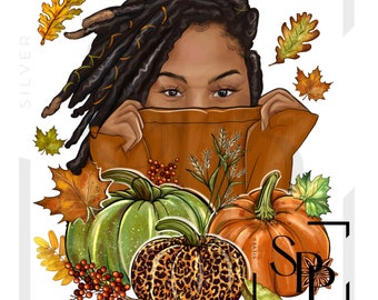 UV DTF Decal Fall Beautiful Black Woman Locs Sweater And Pumpkins  Print Ready To Apply Permanent Adhesive Cups Phone Cases Glasses Cars