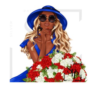 UV-DTF Mooie gebruinde latina blanke vrouw in blauw met bloemenprint klaar om aan te brengen permanente zelfklevende sticker bekers telefoon bril auto's