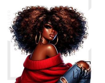 Sublimation Transfer Black Woman Curly Hair Red Sweater Ready to Apply Cup Mug Tumblers Shirts
