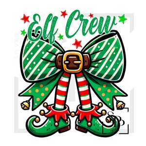 May include: Green and white striped bow with a brown belt and elf legs and feet. The bow has gold polka dots. The text "Elf Crew" is above the bow.