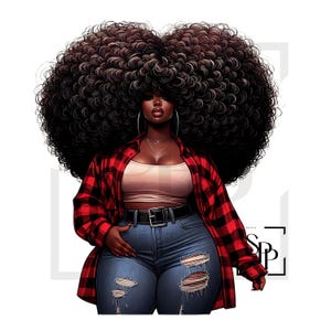 UV-DTF Mooie zwarte vrouw curvy krullend haar rode buffel geruite print klaar om aan te brengen permanente sticker kopjes telefoon bril auto's
