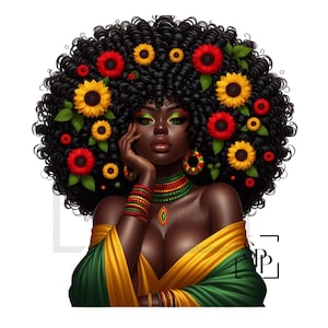 UV-DTF Mooie zwarte vrouw grote krullende afro bloemen in haar haar print klaar om aan te brengen permanente zelfklevende sticker cups telefoon bril auto's