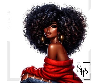 Sublimation Transfer Black Woman Big Curly Hair Red Sweater Ready to Apply Cup Mug Tumblers Shirts