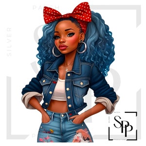 UV DTF Sticker African American Retro Denim Girl Hair Bow Blue Hair Print Klaar om permanente zelfklevende cups aan te brengen Telefoonhoesjes Brillen Auto's