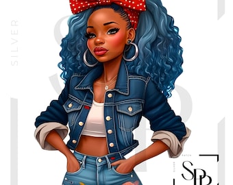 UV DTF Decal African American Retro Denim Girl Hair Bow Blue Hair Print Ready to Apply Permanent Adhesive Cups Phone Cases Glasses Cars