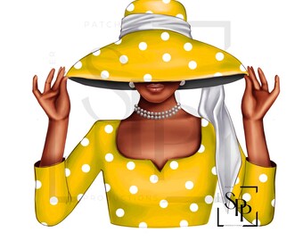 UV DTF Schöne schwarze Frau Gelb Weiß Polka Dot Lady bereit, permanent klebender Aufkleber Tassen Telefon Gläser Autos Zeitschriften Becher anzuwenden