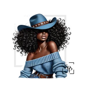 UV-DTF Mooie zwarte cowgirl blauwe trui verbazingwekkende schoonheid klaar om aan te brengen permanent zelfklevende sticker bekers telefoon bril auto's tijdschriften