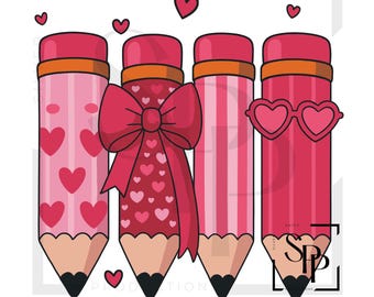 UV DTF Pink And Red Heart Bow Pencils Bow Print Ready to Apply Permanent Adhesive Sticker Cups Phone Cases Glasses Cars