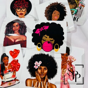 May include: A set of eight stickers featuring black women with afro hairstyles. The stickers have different designs, including a woman blowing a bubble, a woman with flowers in her hair, and a woman with a heart balloon. The stickers are perfect for adding a touch of personality to laptops, water bottles, and other surfaces.