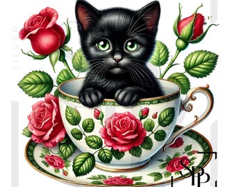 UV DTF Coquette Black Cat In Tea Cup Red Roses Print Ready to Apply Permanent Adhesive Sticker Cups Phone Cases Glasses Cars