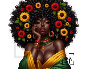 Sublimation Transfer Black Woman Beautiful Voluptuous Flowers In Hair Ready to Apply Cup Mug Tumblers Shirts