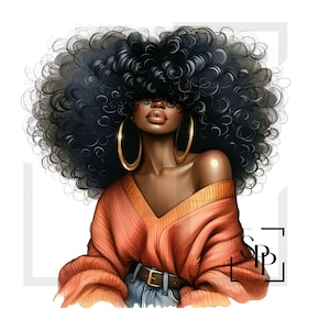 UV-DTF Mooie zwarte vrouw groot krullend afro draagt een trui Print klaar om aan te brengen Permanente zelfklevende sticker Cups Telefoon Bril Auto's