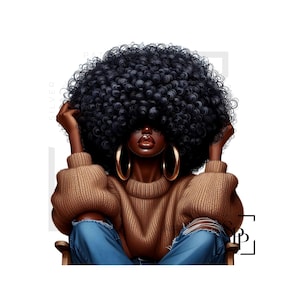 UV-DTF Mooie Afro-Amerikaanse vrouw krullend bruine trui klaar om aan te brengen permanent zelfklevende sticker kopjes telefoon bril auto's tijdschriften