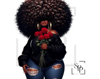 UV DTF Beautiful CurvyBlack Woman Amazing Curly Hair Black Sweater Roses Ready to Apply Permanent Adhesive Decal Cups Phone  Glasses Cars