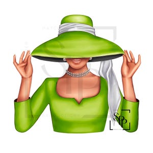 UV-DTF Mooie vorstelijke groene en witte hoed dame klaar om aan te brengen permanent zelfklevende sticker bekers telefoon bril auto's tijdschriften bekers