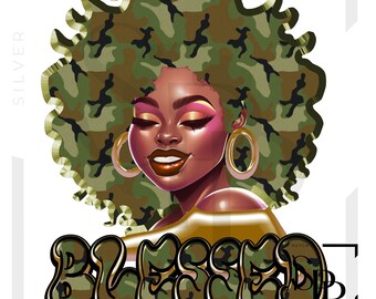 UV DTF Decal Blessed Black Woman In Camouflage Print Ready to Apply Permanent Adhesive Cups Phone Cases Glasses Cars