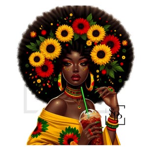 UV-DTF Mooie zwarte vrouw Prachtig krullend haar Bloemen met drankje klaar om aan te brengen Permanente zelfklevende sticker Cups Telefoonbril Auto's