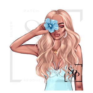 UV-DTF witte latina vrouw in blauw met een blauwe bloem klaar om aan te brengen permanent zelfklevende sticker bekers telefoon bril auto's