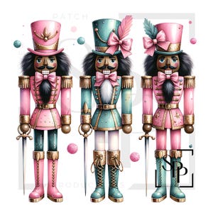 May include: Three decorative nutcrackers in pink and teal uniforms with gold accents. Each figure has a black mustache, a pink bow, and a matching hat. They hold swords and are standing at attention.