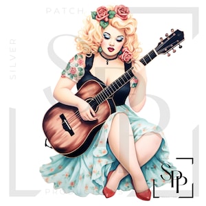 UV DTF Decal Pinup Retro 50&#39;s Style Plus Size Rockabilly Woman Guitar Print Ready to Apply Permanent Adhesive Cups Phone Cases Glasses Cars