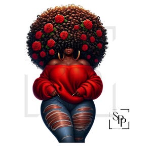 UV-DTF Mooie curvy zwarte vrouw geweldig krullend haar rode trui rozen klaar om aan te brengen permanent zelfklevende sticker kopjes telefoon bril auto's