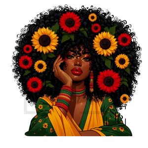 UV-DTF Mooie zwarte vrouw groot krullend haar Bloemen in het haar Print klaar om aan te brengen Permanente zelfklevende sticker Cups Telefoon Bril Auto's
