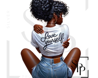 Naklejka UV DTF Love Yourself Black Woman Soft Curls gotowa do nałożenia naklejka z trwałym klejem kubki etui na telefony okulary samochody dowolna płaska powierzchnia
