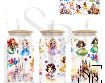 UV DTF Wrap Decal Pretty Young Princesses Print Glass Can Wrap  for 16oz Glass Ready to Apply Permanent Adhesive