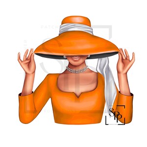 UV-DTF Mooie vorstelijke oranje en witte hoed dame klaar om aan te brengen permanent zelfklevende sticker bekers telefoon bril auto's tijdschriften bekers