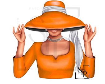 UV DTF Schöne Regal Orange und weiße Hut Dame bereit, permanent klebende Aufkleber Tassen Telefon Gläser Autos Zeitschriften Becher gelten