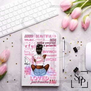 UV-DTF Afro-Amerikaans Beautiful Love Yourself in roze A6-formaat print klaar om aan te brengen permanente zelfklevende sticker cups auto's boekomslagen