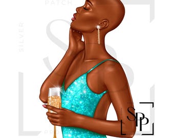 UV DTF Beautiful Black Woman Bald Aqua Dress Wine Glass Print Ready to Apply Permanent Adhesive Sticker Cups Phone  Glasses Cars