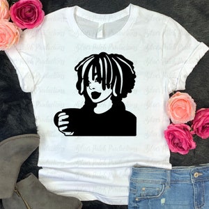 May include: A black and white illustration of a person with dreadlocks holding a cup of coffee. The person is wearing a black shirt and has a serious expression on their face.