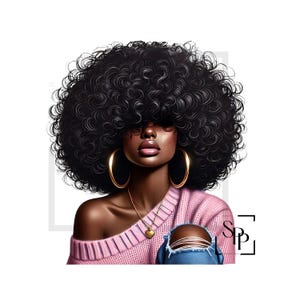 UV-DTF Mooie zwarte vrouw met krullend haar Roze off-shoulder trui klaar om aan te brengen Permanente zelfklevende sticker Cups Telefoonbril Auto's Tijdschriften