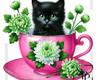 UV DTF Coquette Black Cat In Tea Cup Green And White Flowers Print Ready to Apply Permanent Adhesive Sticker Cups Phone Cases Glasses Cars