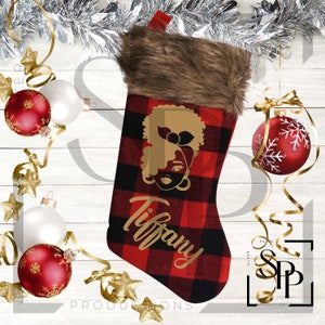 Personalized Cutie Head Wrap Buffalo Plaid Christmas Stocking Faux Fur Trim Red Check Royalty Family Gift Idea