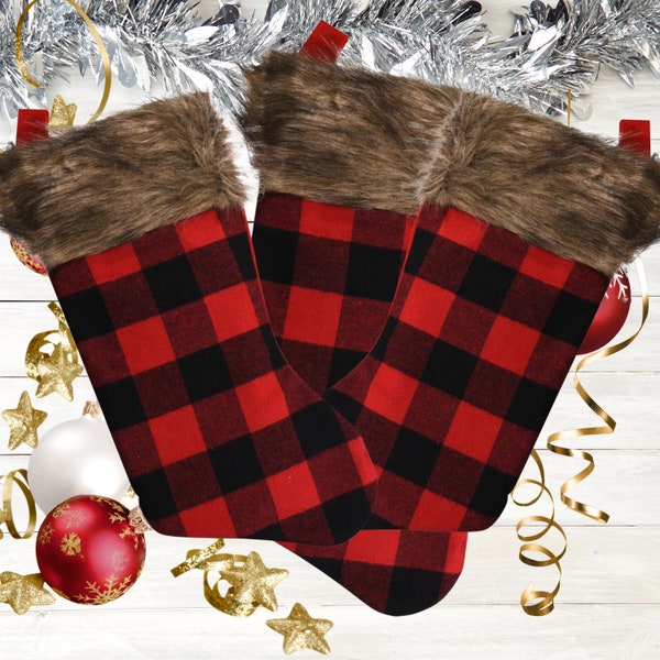 3 Blank Red Buffalo Plaid Christmas Holiday Stockings With Faux Fur Trim Decorate Your Own Family Craft